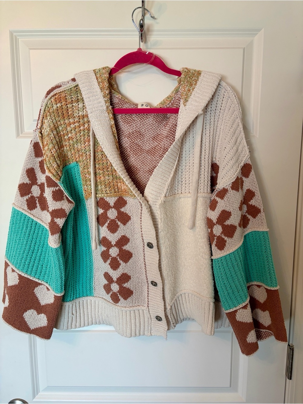 POL Colorblock Knit Hoodie Cardigan - Cream, Brown & Teal